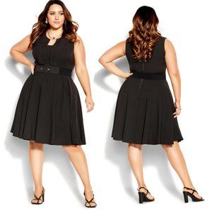 City Chic Black Sleeveless Belted Fit-and-Flare Dress
